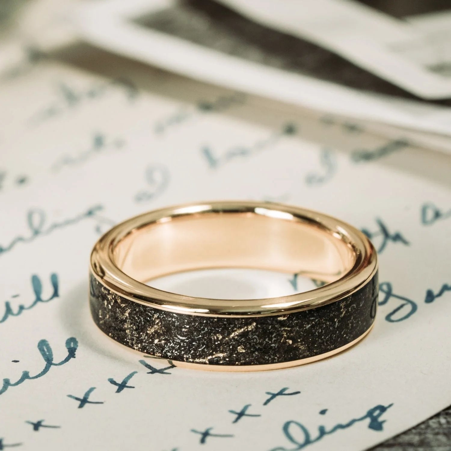 The Stargazer | Men'S Gold Wedding Band with Meteorite & Gold Flakes