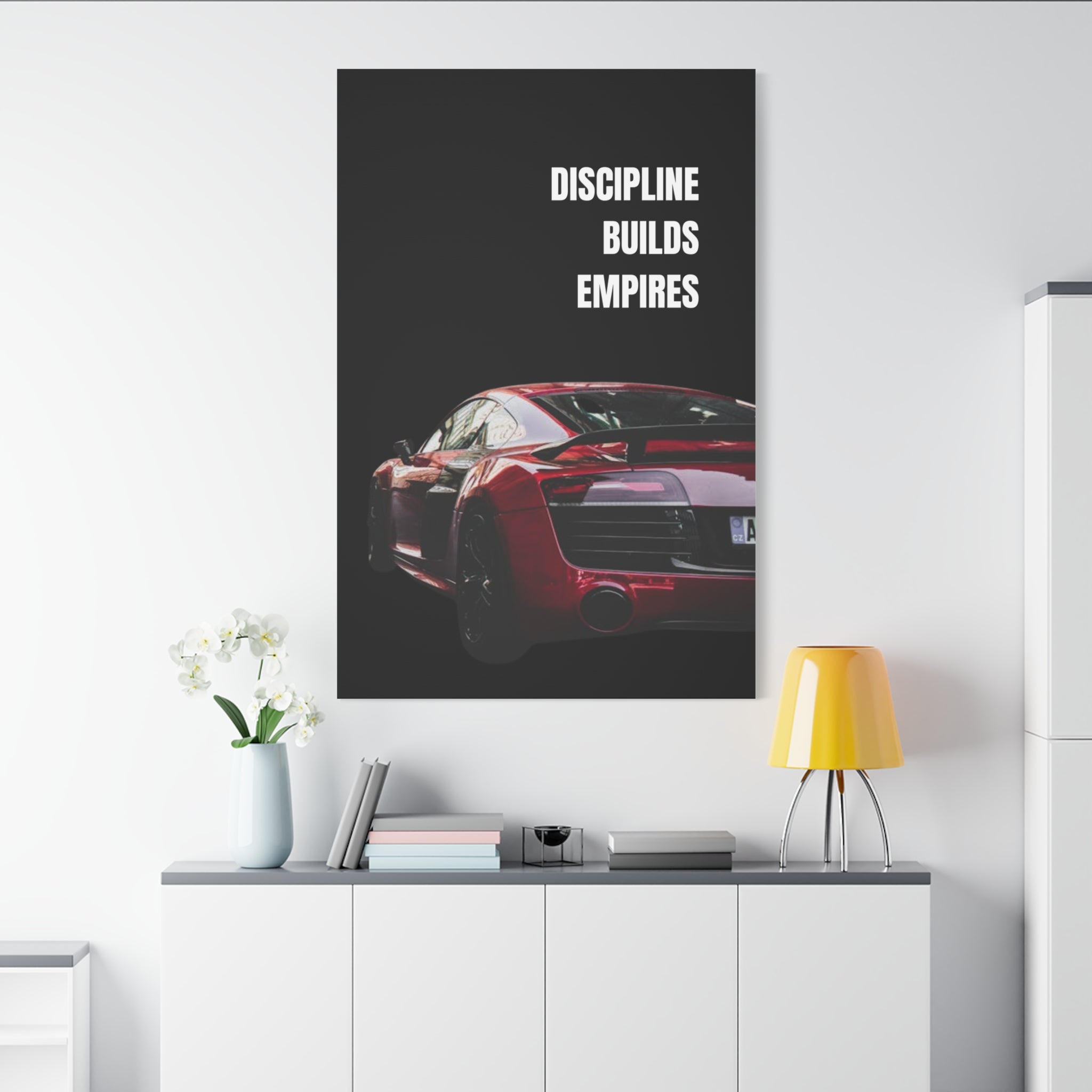 Discipline Builds Empires Canvas Wall Art — Red Sports Car Motivational Poster