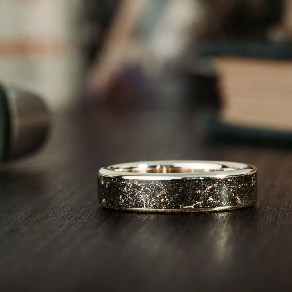 The Stargazer | Men'S Gold Wedding Band with Meteorite & Gold Flakes