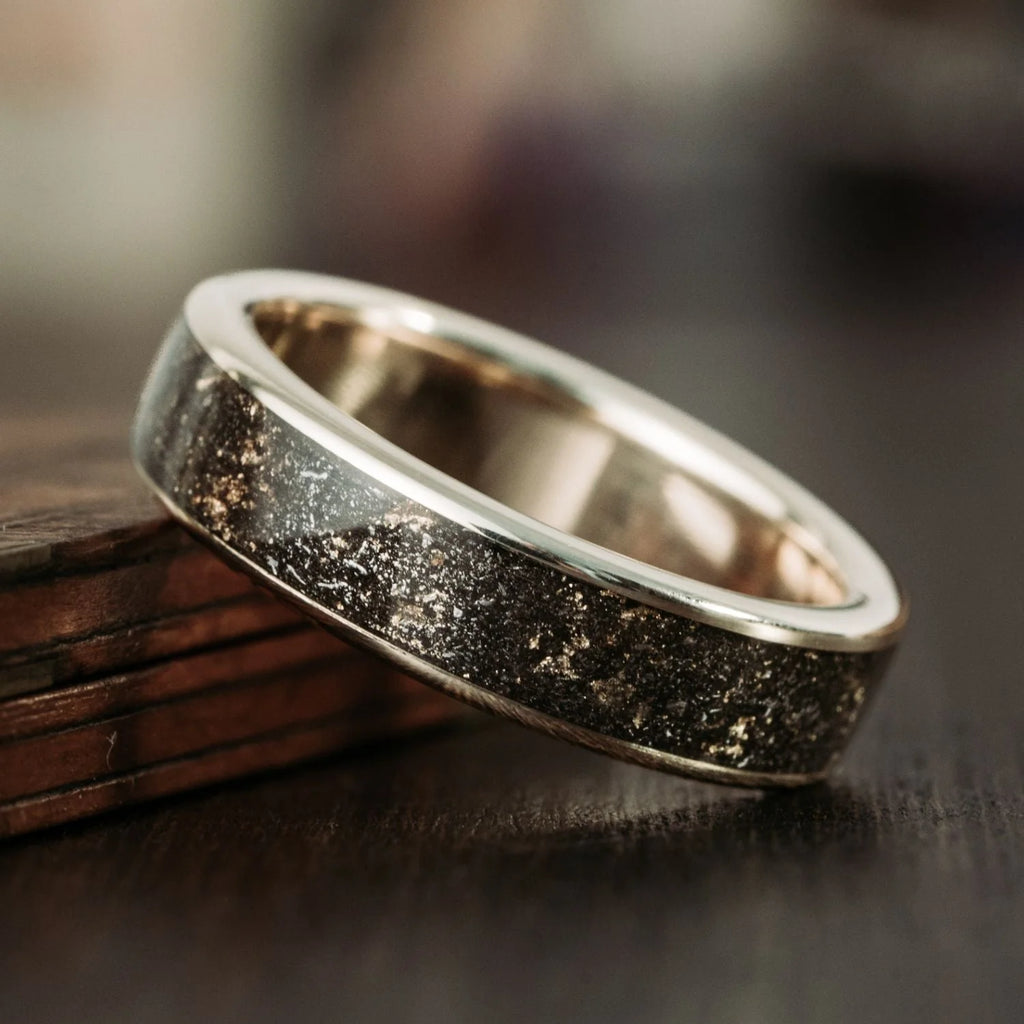 The Stargazer | Men'S Gold Wedding Band with Meteorite & Gold Flakes