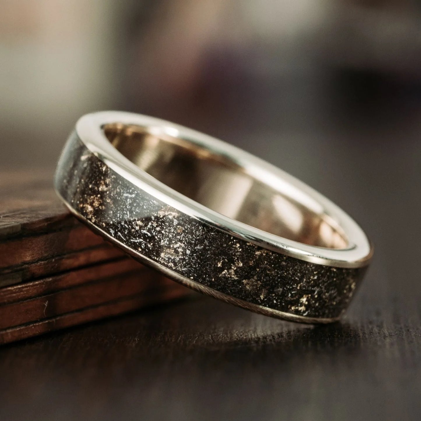 The Stargazer | Men'S Gold Wedding Band with Meteorite & Gold Flakes