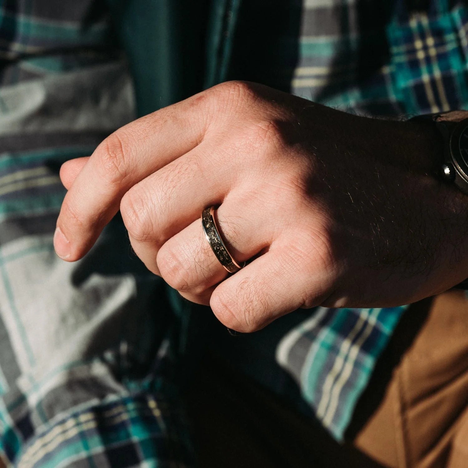 The Stargazer | Men'S Gold Wedding Band with Meteorite & Gold Flakes