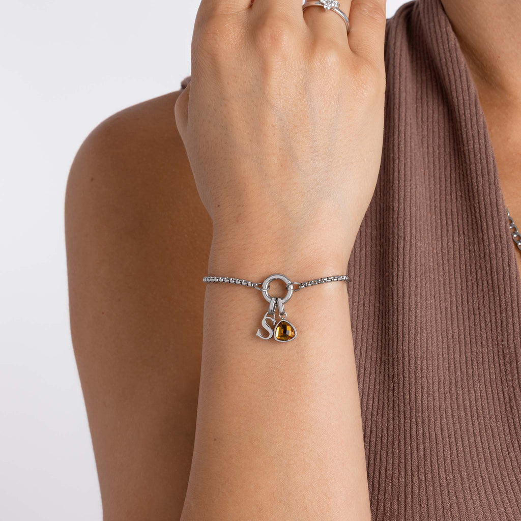 Adjustable Letter & birthstone bracelet silver