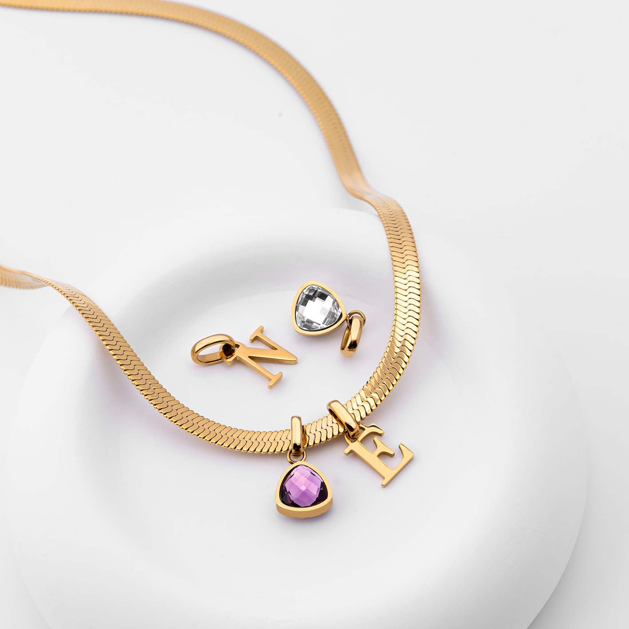 Letter & birthstone snake necklace gold