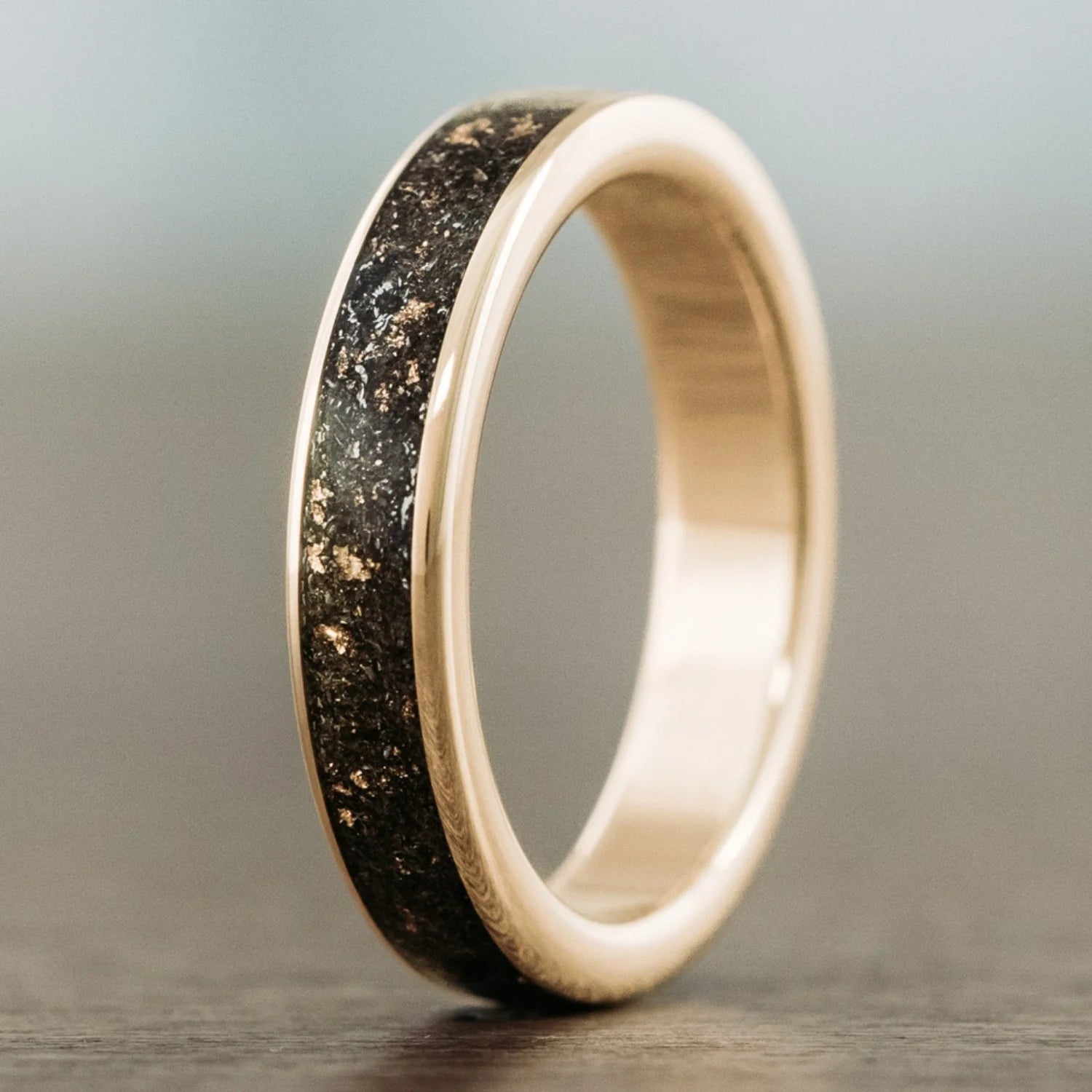 The Stargazer | Men'S Gold Wedding Band with Meteorite & Gold Flakes